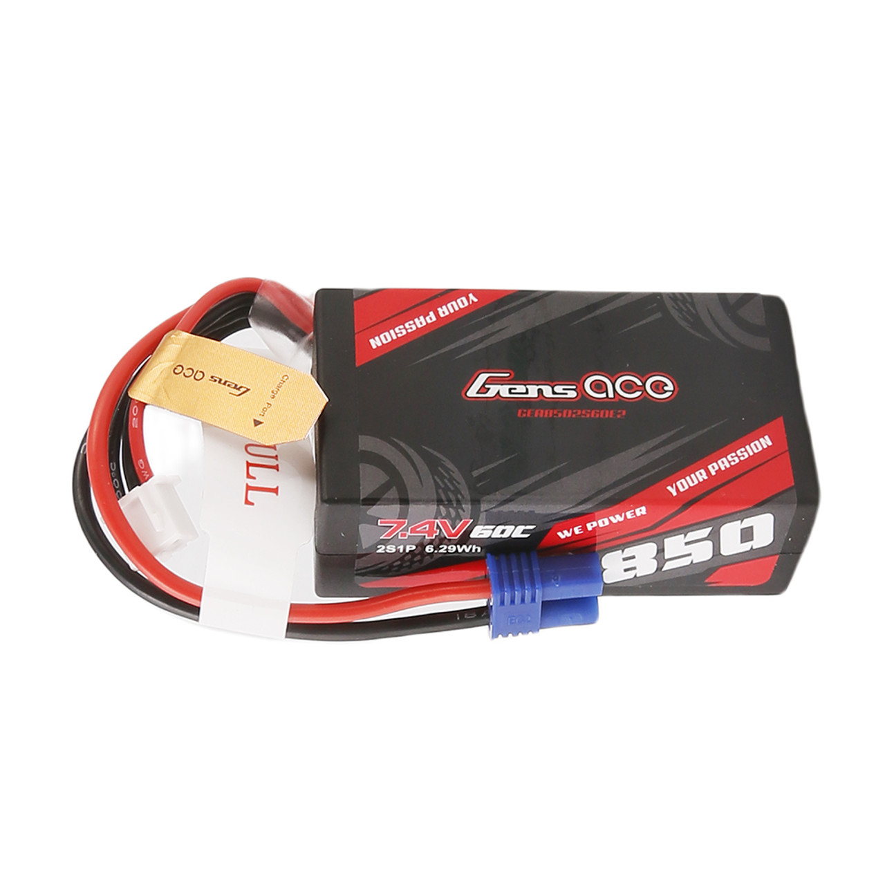 850mAh Gens Ace 2S 60C 7.4V Hardcase/Hardwired Lipo Battery (EC2)