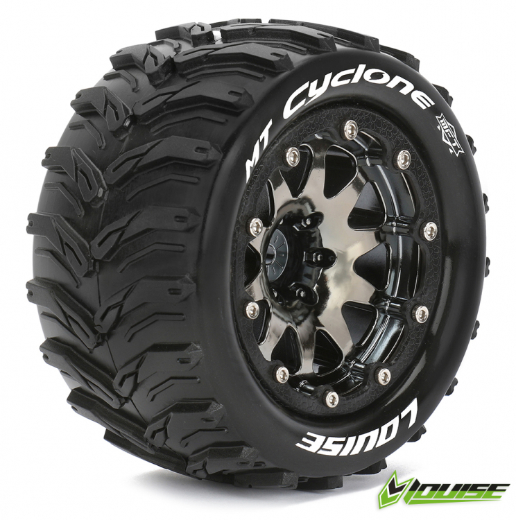 MT-CYCLONE Monster Truck MFT Tires on Black-Chrome 1/2" Offset B