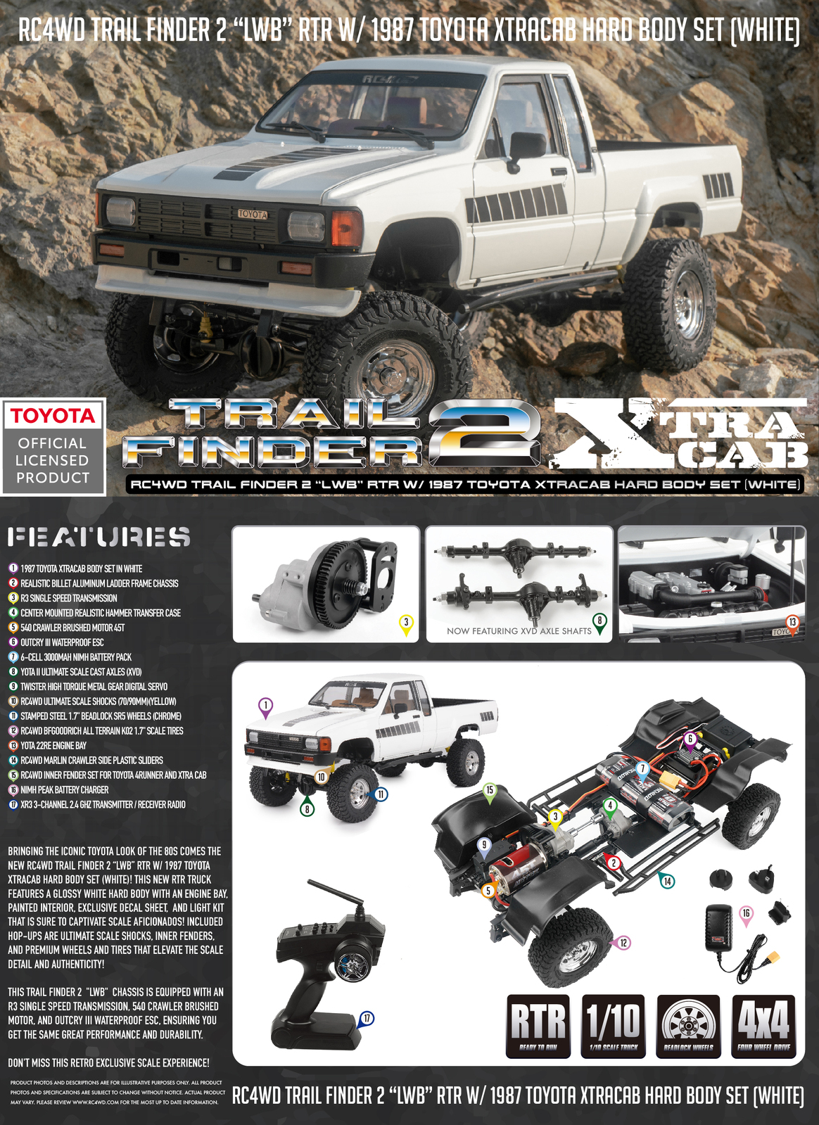 RC4WD Trail Finder 2 "LWB" RTR w/ 1987 Toyota XtraCab Hard Body Set (White)