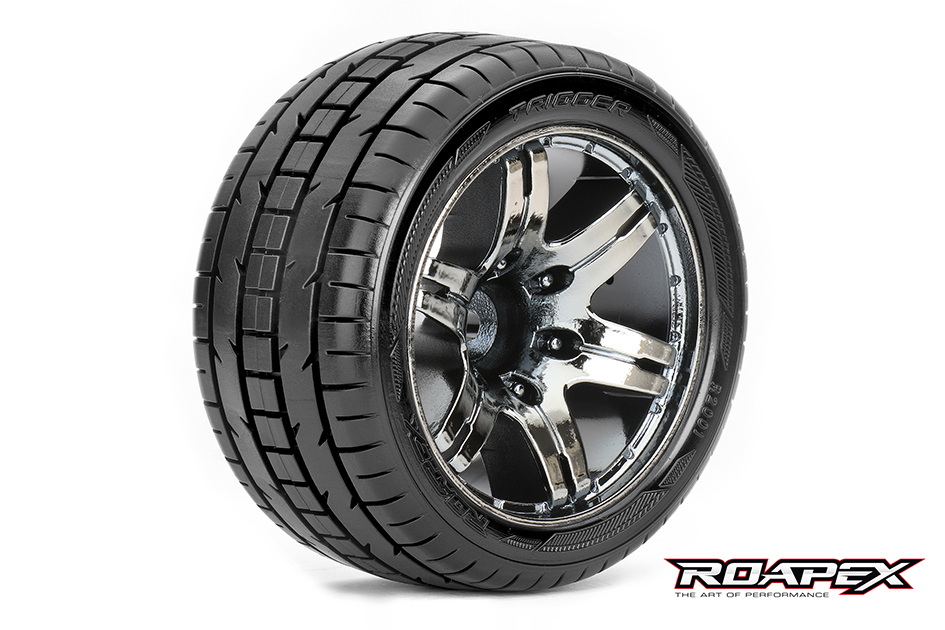 TRIGGER 1/10 STADIUM TRUCK TIRE CHROME BLACK WHEEL WITH 1/2 OFFS