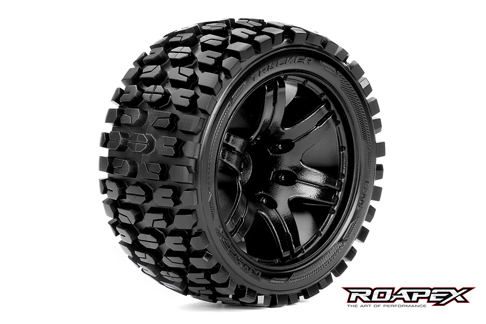 TRACKER 1/10 STADIUM TRUCK TIRE BLACK WHEEL WITH 1/2 OFFSET 12MM