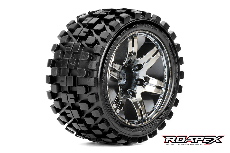 RHYTHM 1/10 STADIUM TRUCK TIRE  CHROME BLACK WHEEL WITH 1/2 OFFS