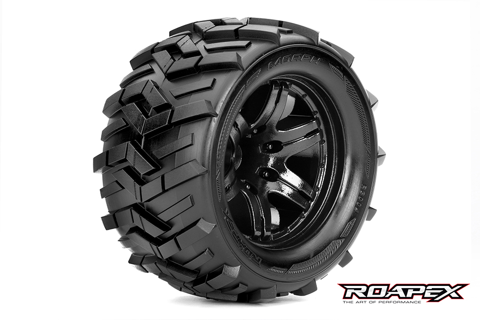 MORPH 1/10 MONSTER TRUCK TIRE BLACK WHEEL WITH 1/2 OFFSET 12MM H