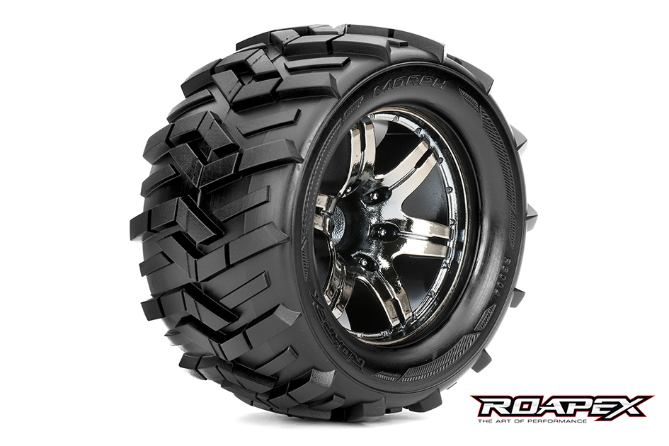 MORPH 1/10 MONSTER TRUCK TIRE CHROME BLACK WHEEL WITH 1/2 OFFSET