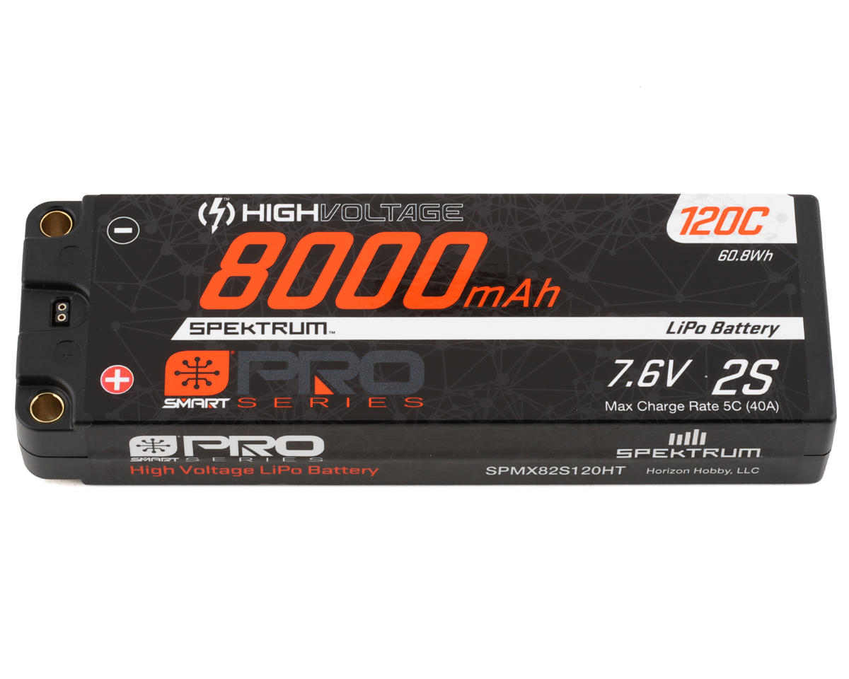 8000mAh 2S Spektrum 7.6V 120c Smart Pro Race HV LiPo with 5mm Bullets